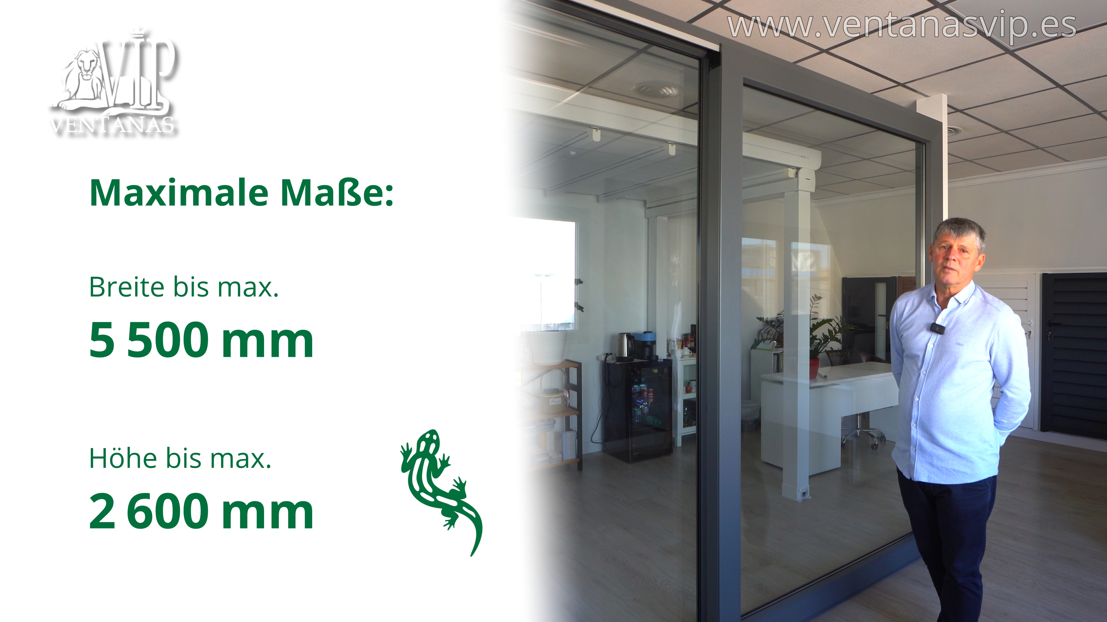 Ventanas VIP Experte präsentiert die maximalen Abmessungen der Salamander EvolutionDrive Plus Parallelschiebetür – bis 5,50 m Breite und 2,60 m Höhe im Showroom Torrevieja.